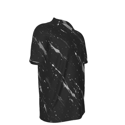 BREAKPOINT Sportswear black polo shirt with white splatter print, made from moisture-wicking 210GSM polyester fabric.
