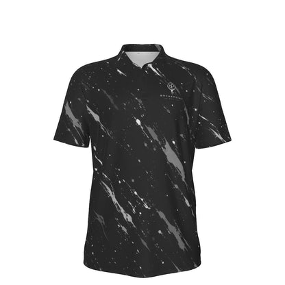BREAKPOINT Sportswear men's black heavyweight polyester polo shirt with white and grey splatter print design.