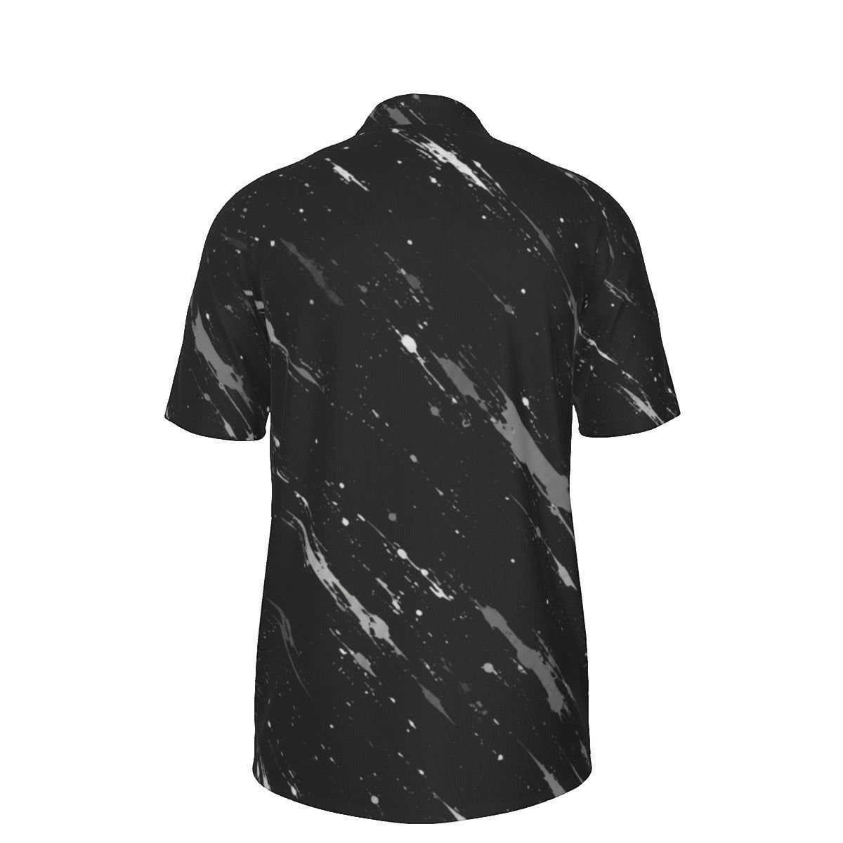 Back view of BREAKPOINT Sportswear black heavyweight polyester polo shirt with white and grey splatter print pattern.