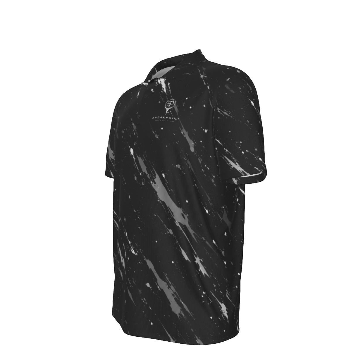BREAKPOINT Sportswear black polo shirt with white paint splatter print, featuring a classic collar and moisture-wicking fabric.