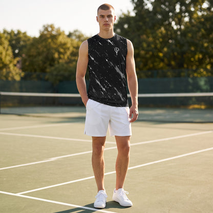 BREAKPOINT Sportswear men's black sleeveless tank top with white splatter print, worn with white athletic shorts.