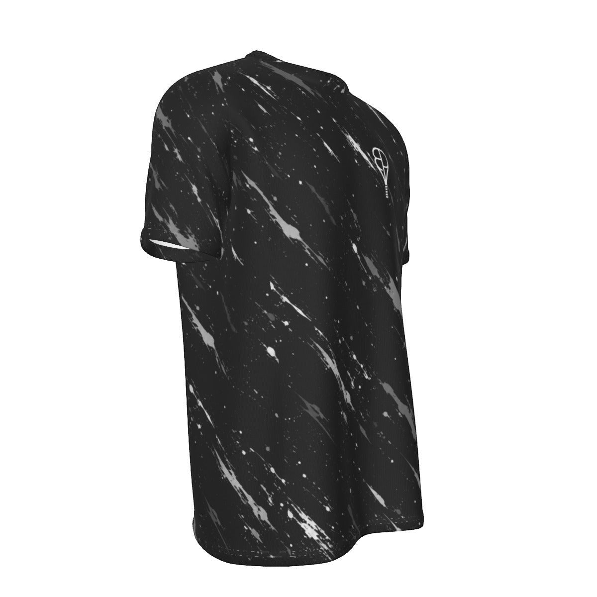 BREAKPOINT Sportswear black tennis t-shirt with white splatter pattern, performance knit, and small chest logo.