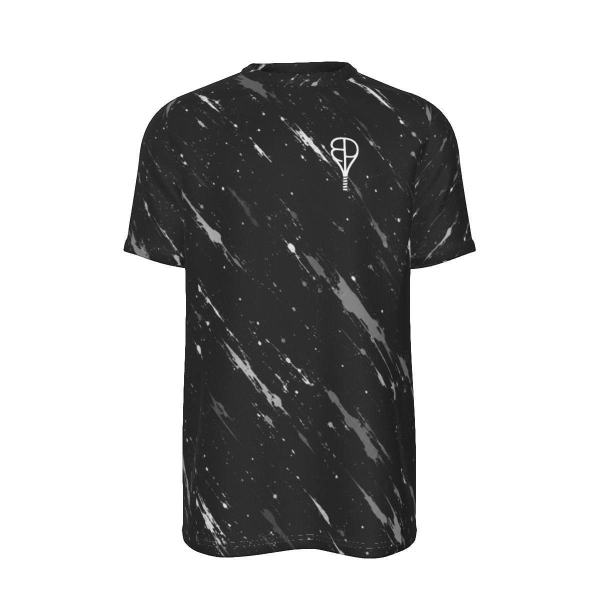 BREAKPOINT Sportswear black tennis tee with white splatter print and chest logo in moisture-wicking performance knit.