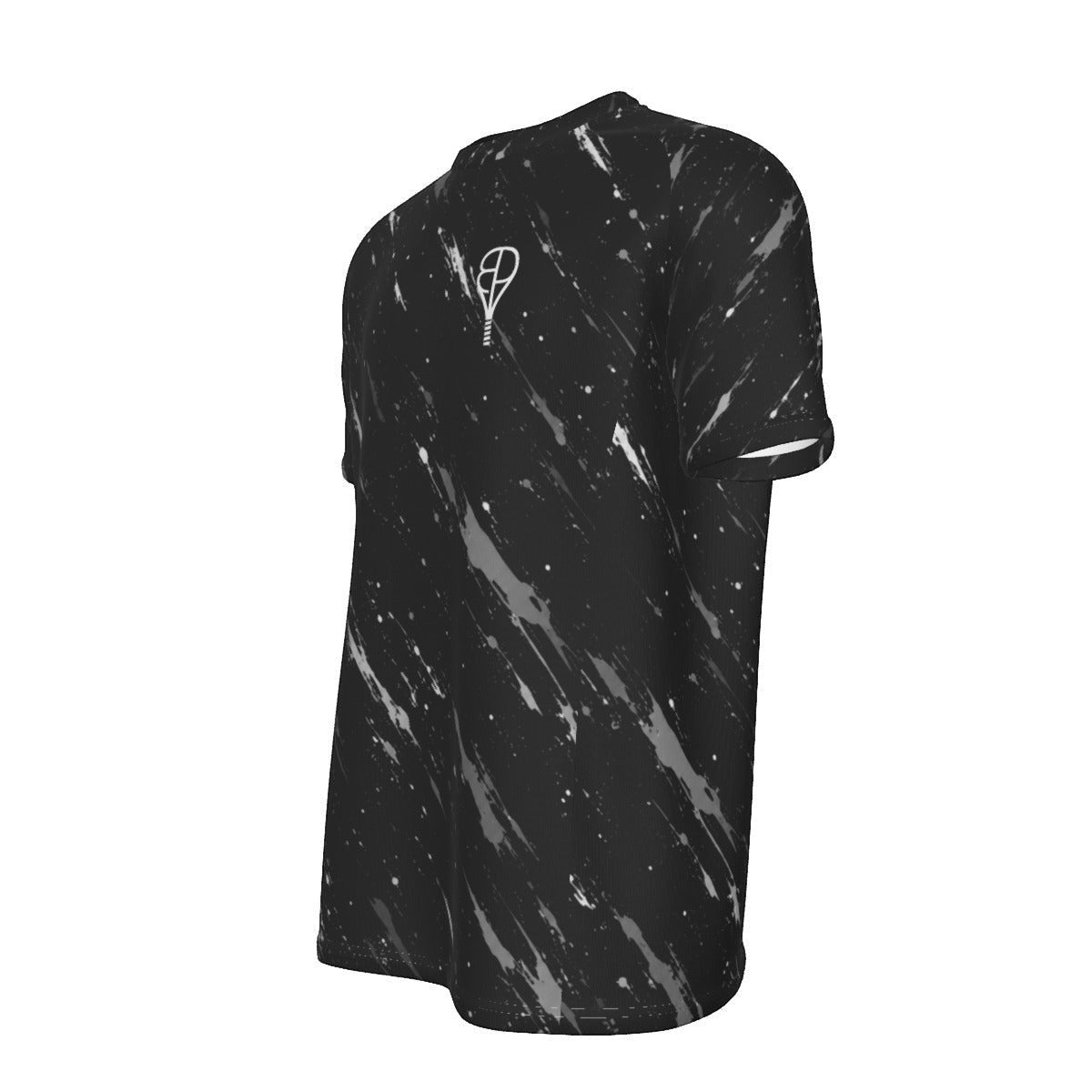 BREAKPOINT Sportswear black tennis tee with white splatter print and small racquet logo on the chest.