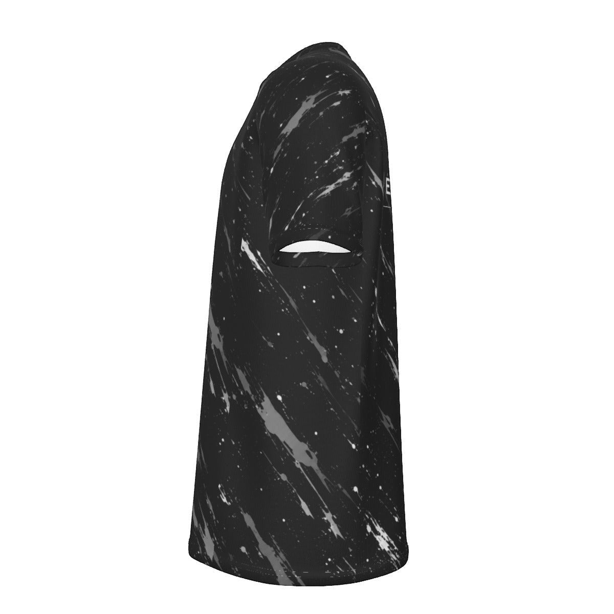 BREAKPOINT Sportswear black tennis tee with white splatter pattern, side view of performance moisture-wicking fabric.