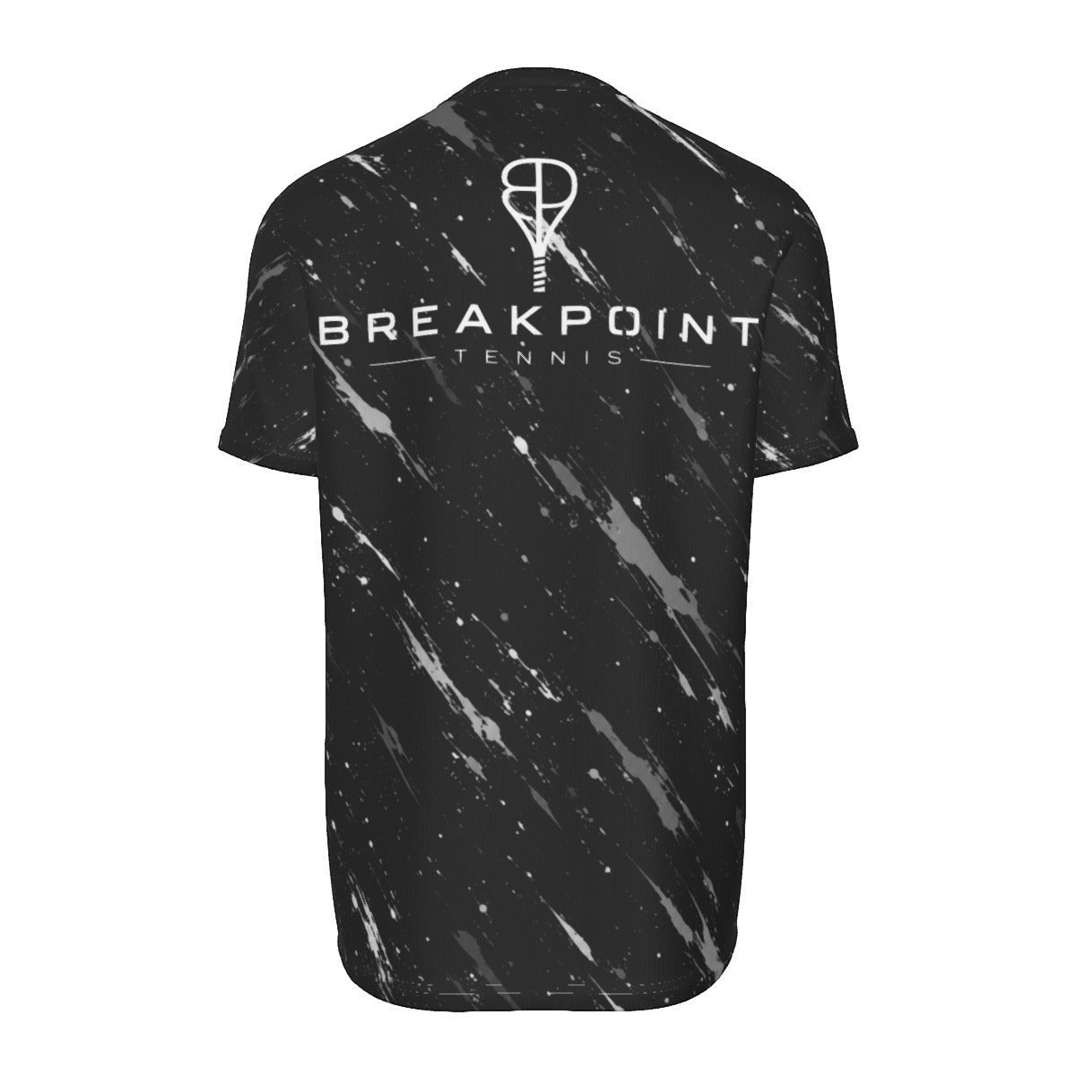 Back view of BREAKPOINT Sportswear black tennis t-shirt with white splatter print and logo on performance knit fabric.