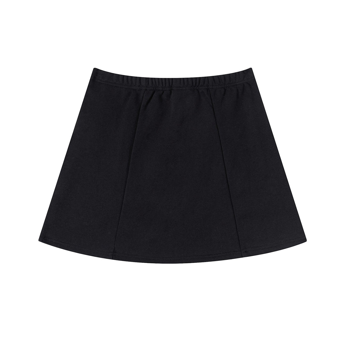 A model wearing a BREAKPOINT Sportswear black cotton-blend mini skirt with white side stripes and a front slit.