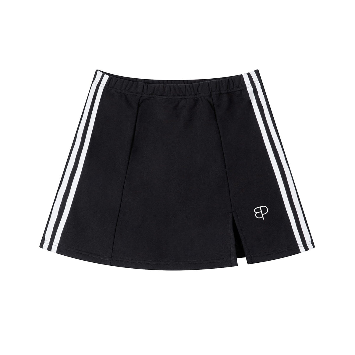 A model wearing a BREAKPOINT Sportswear black cotton-blend mini skirt with white side stripes and a front slit.