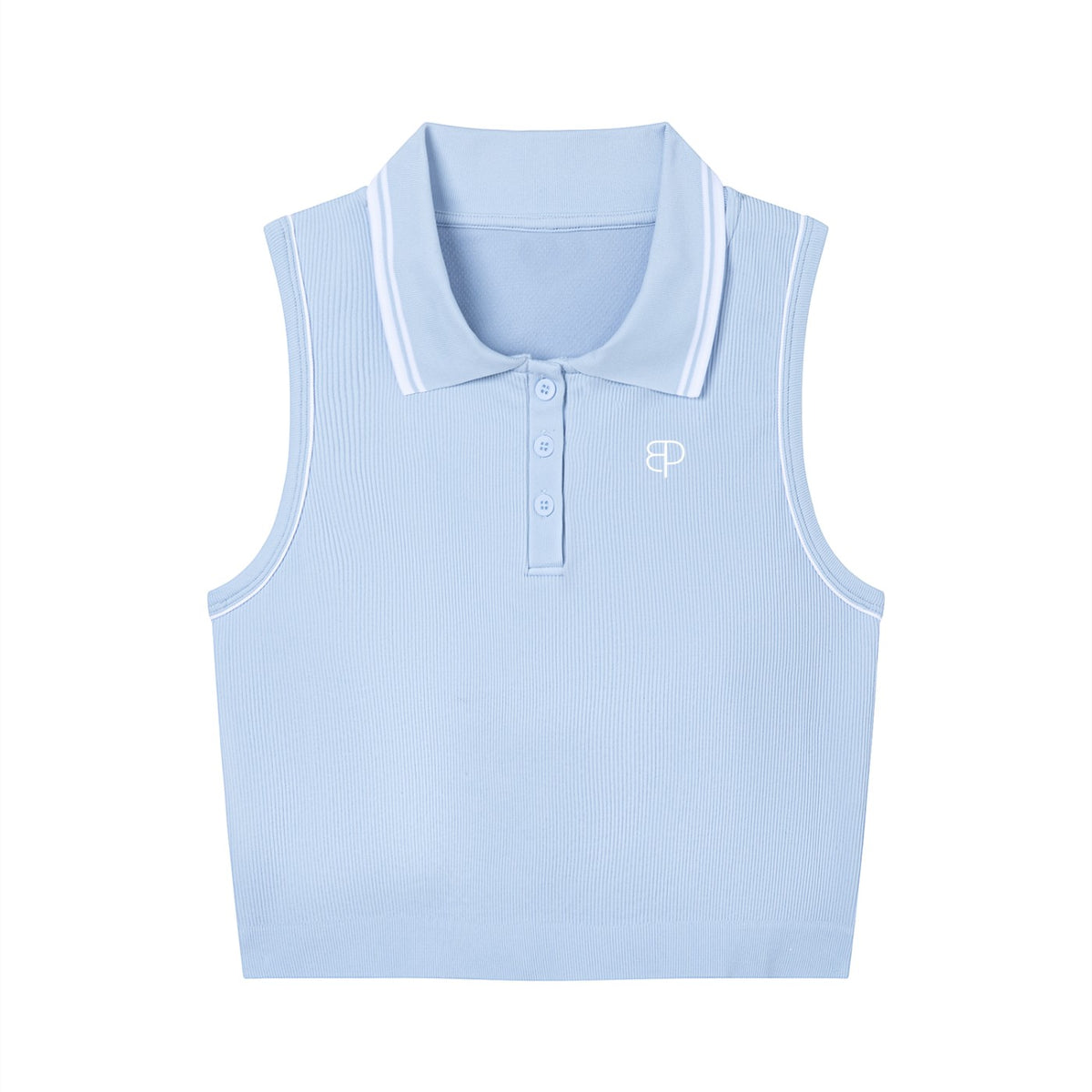 BREAKPOINT Sportswear light blue cropped polo tank with white contrast trim, button placket, and compression fit.