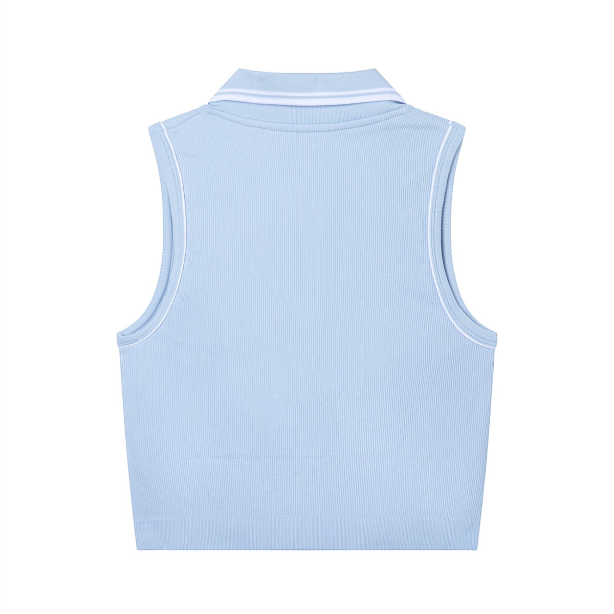 BREAKPOINT Sportswear blue cropped polo tank with white contrast trim and collared neckline, back view.