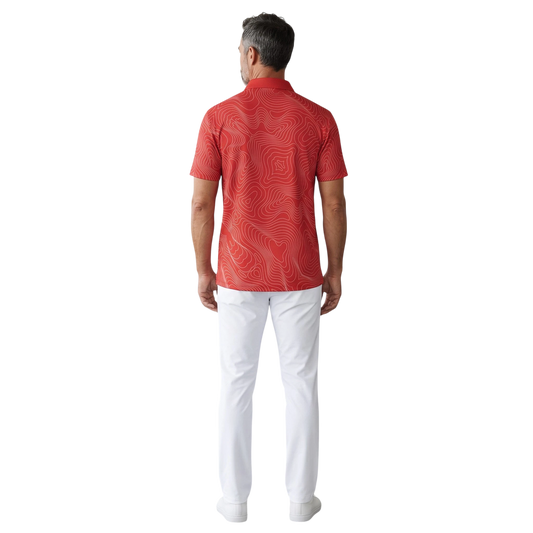 BREAKPOINT Sportswear cardinal red performance golf polo with topographic line print, back view on a male model.