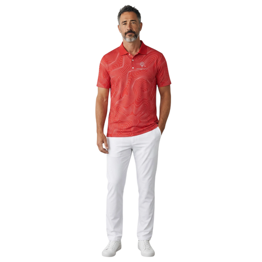 BREAKPOINT Sportswear cardinal red performance polo with white topographic print worn by a man with white trousers.