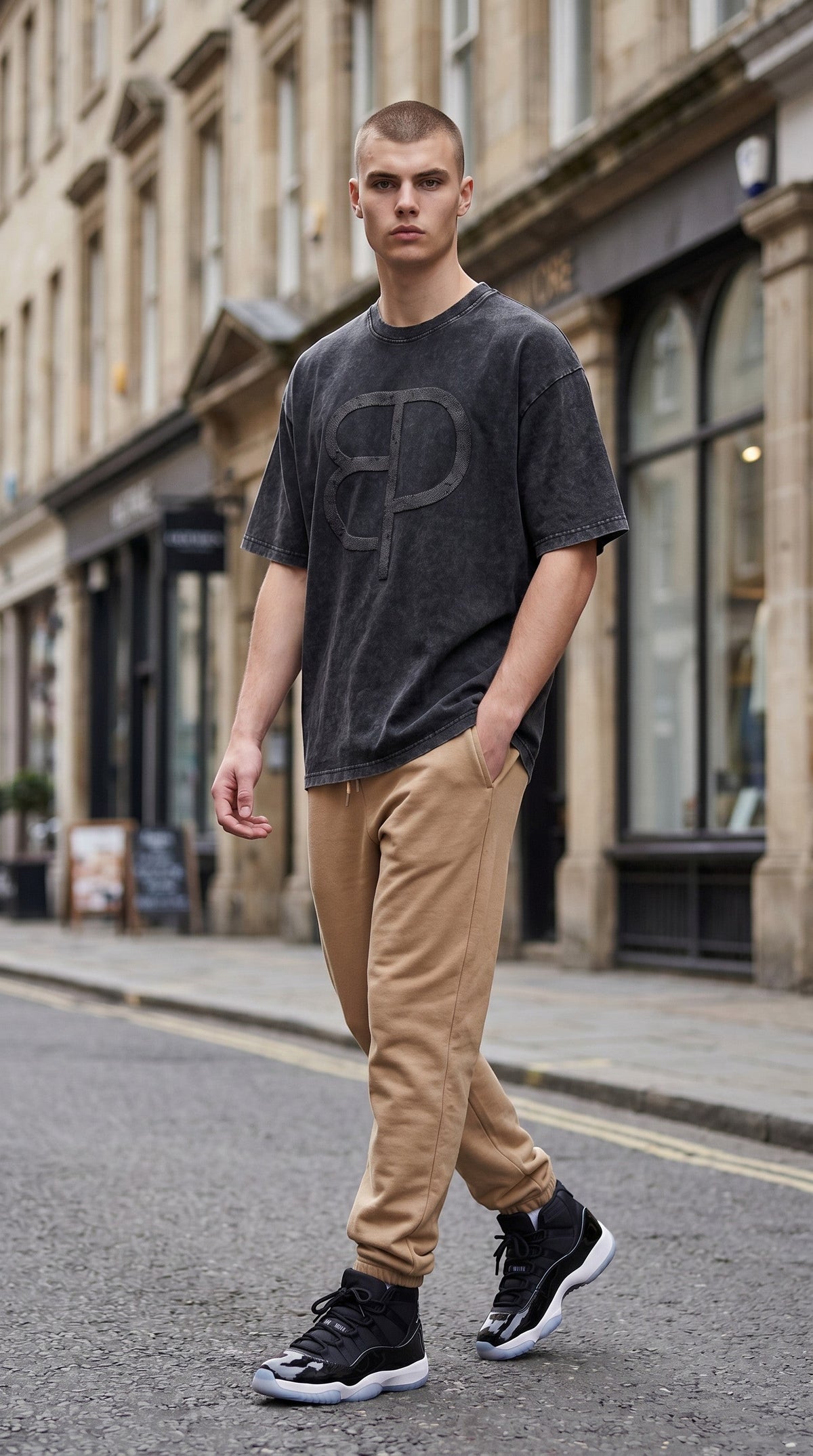 Model wearing a BREAKPOINT Sportswear charcoal snow-wash cotton t-shirt with drop shoulders and BP logo on city street