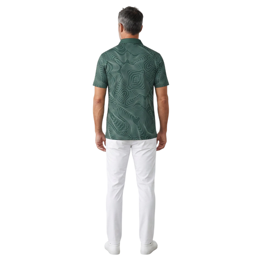 BREAKPOINT Sportswear forest green performance polo with topographic line print, worn by a man with white trousers.