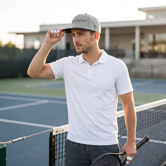 BREAKPOINT Sportswear gray snapback cap with embroidered logo worn by a man on a tennis court