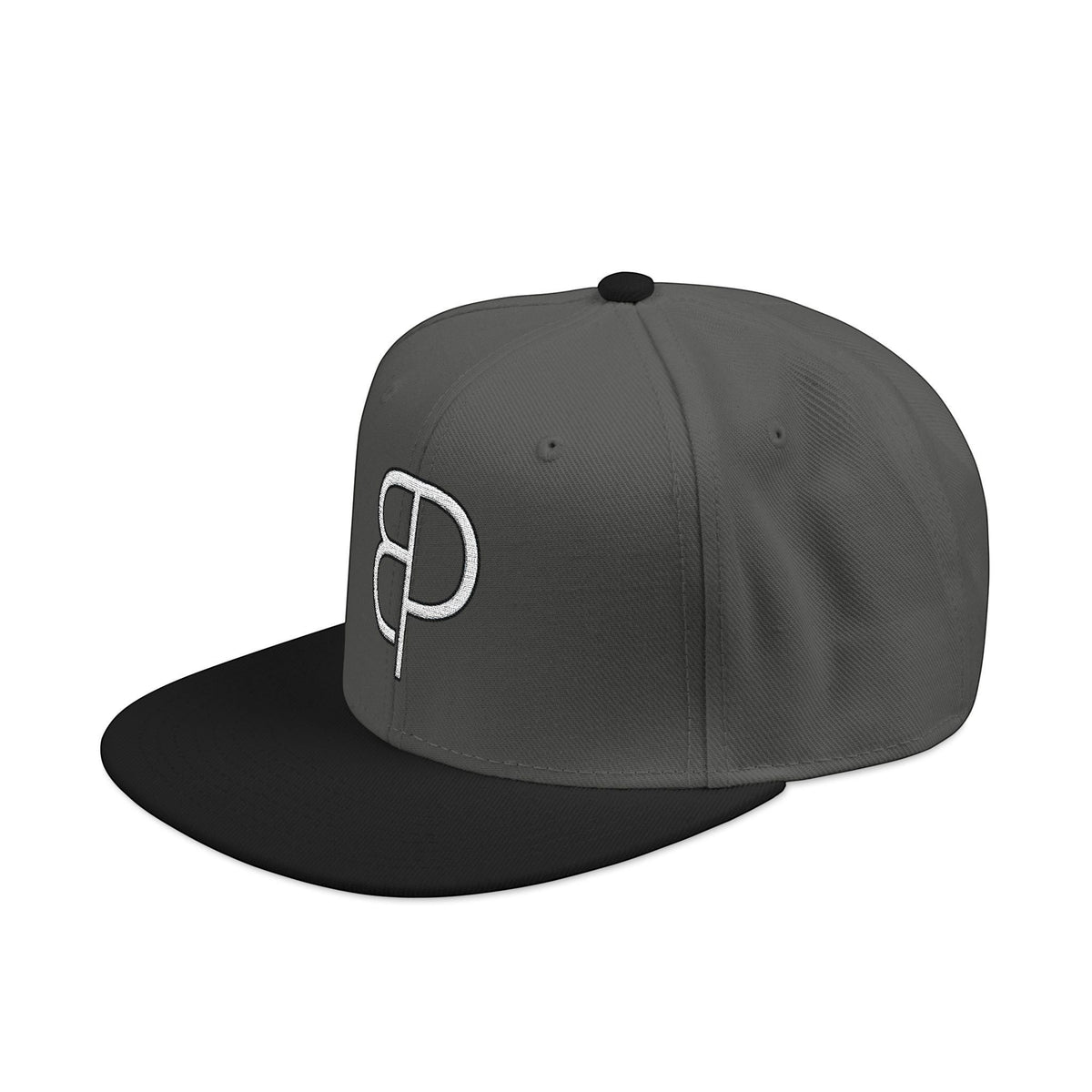 A man wearing a grey BREAKPOINT Sportswear high-profile snapback cap with a flat visor and white logo embroidery.