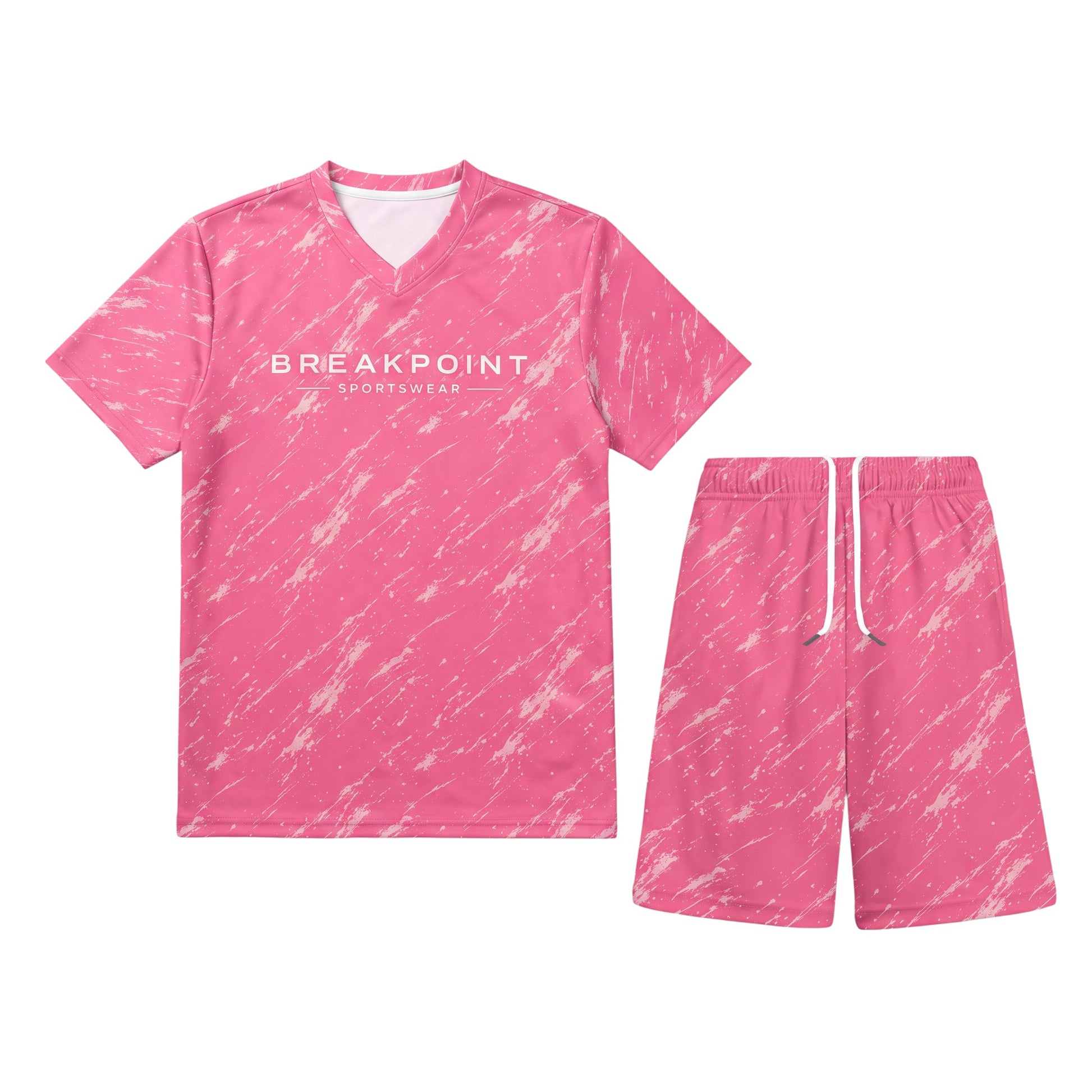 BREAKPOINT Sportswear kids' pink V-neck athletic tee and matching drawstring shorts with white abstract print.