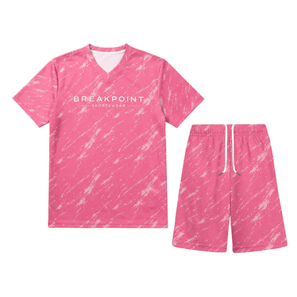 BREAKPOINT Sportswear kids' pink V-neck athletic tee and matching drawstring shorts with white abstract print.