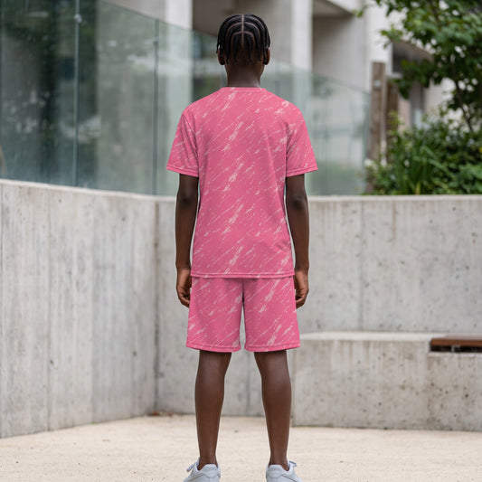 BREAKPOINT Sportswear kids' pink all-over print V-neck tee and matching drawstring shorts set, back view.