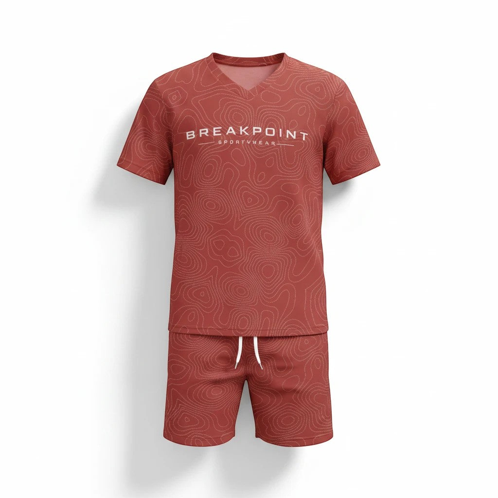 BREAKPOINT Sportswear kids' red V-neck tennis match set with white topographic print and drawstring shorts