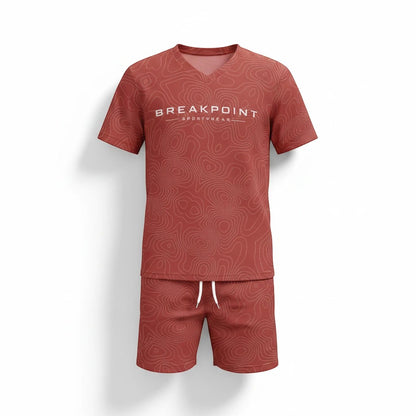 BREAKPOINT Sportswear kids' red V-neck tennis match set with white topographic print and drawstring shorts