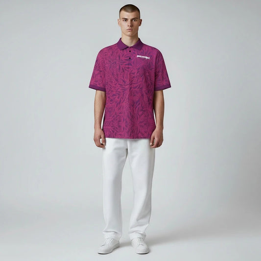 BREAKPOINT Sportswear magenta polo shirt with 90s-inspired all-over print, worn by a model with white trousers.