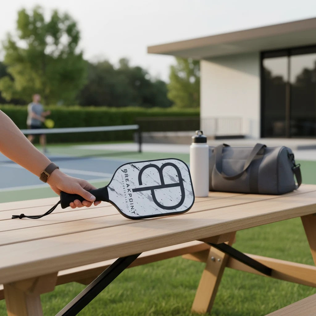 BREAKPOINT Sportswear professional pickleball paddle with white and black marble design held on a wooden outdoor table