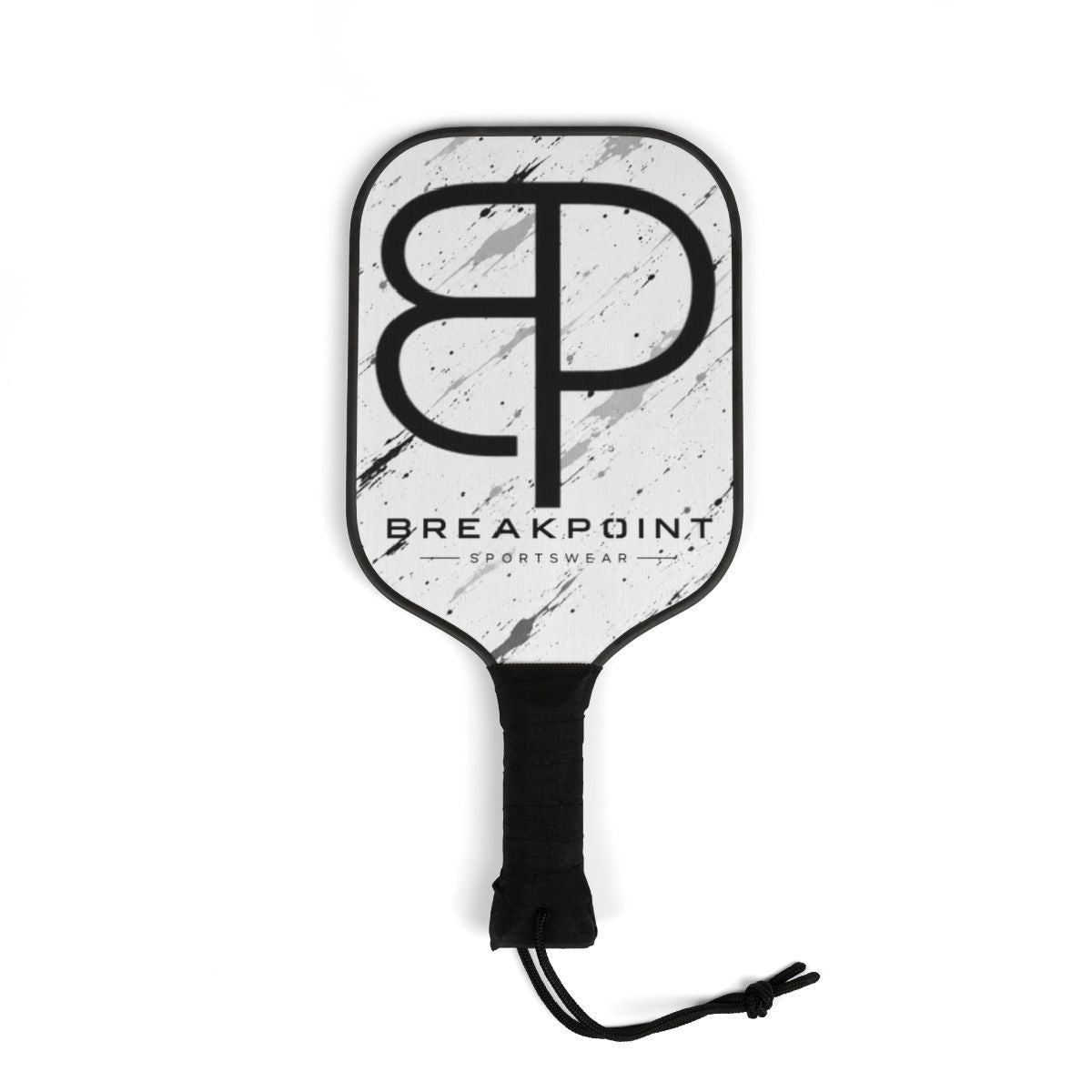 BREAKPOINT Sportswear professional pickleball paddle with a white and black marble design and ergonomic black grip.