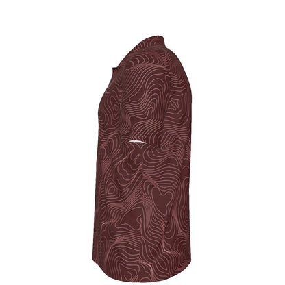 BREAKPOINT Sportswear maroon performance golf polo with white topographic line pattern, side view