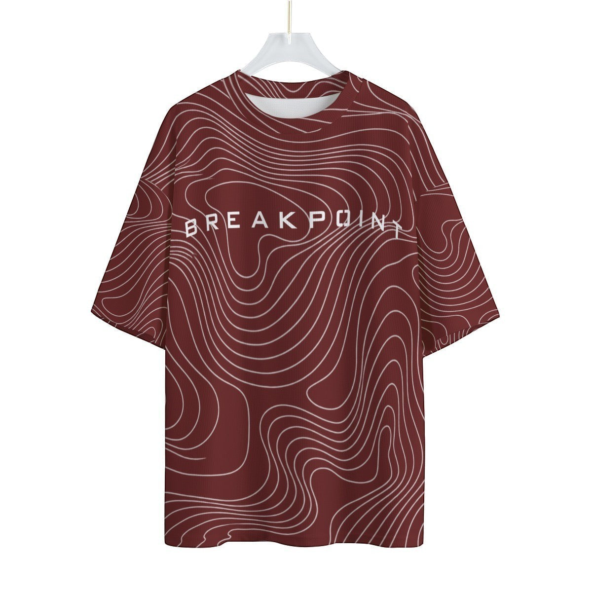 BREAKPOINT Sportswear maroon and white drop-shoulder tee with topographic line pattern and front logo graphic
