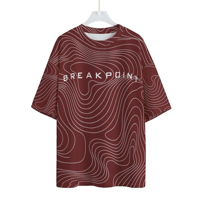BREAKPOINT Sportswear maroon and white drop-shoulder tee with topographic line pattern and front logo graphic