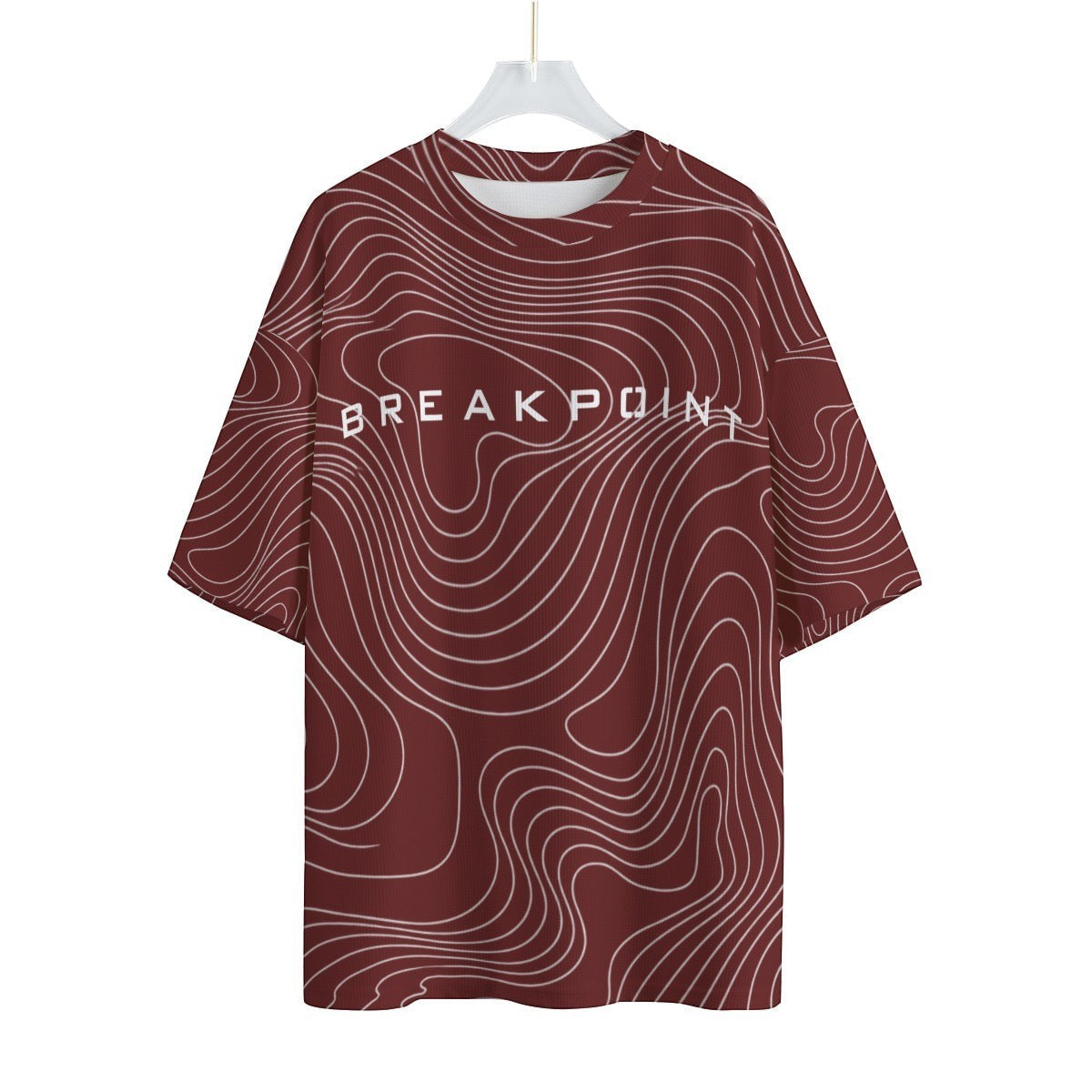 BREAKPOINT Sportswear maroon drop shoulder tee with white topographic line pattern and front logo graphic.
