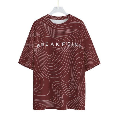 BREAKPOINT Sportswear maroon drop shoulder tee with white topographic line pattern and front logo graphic.