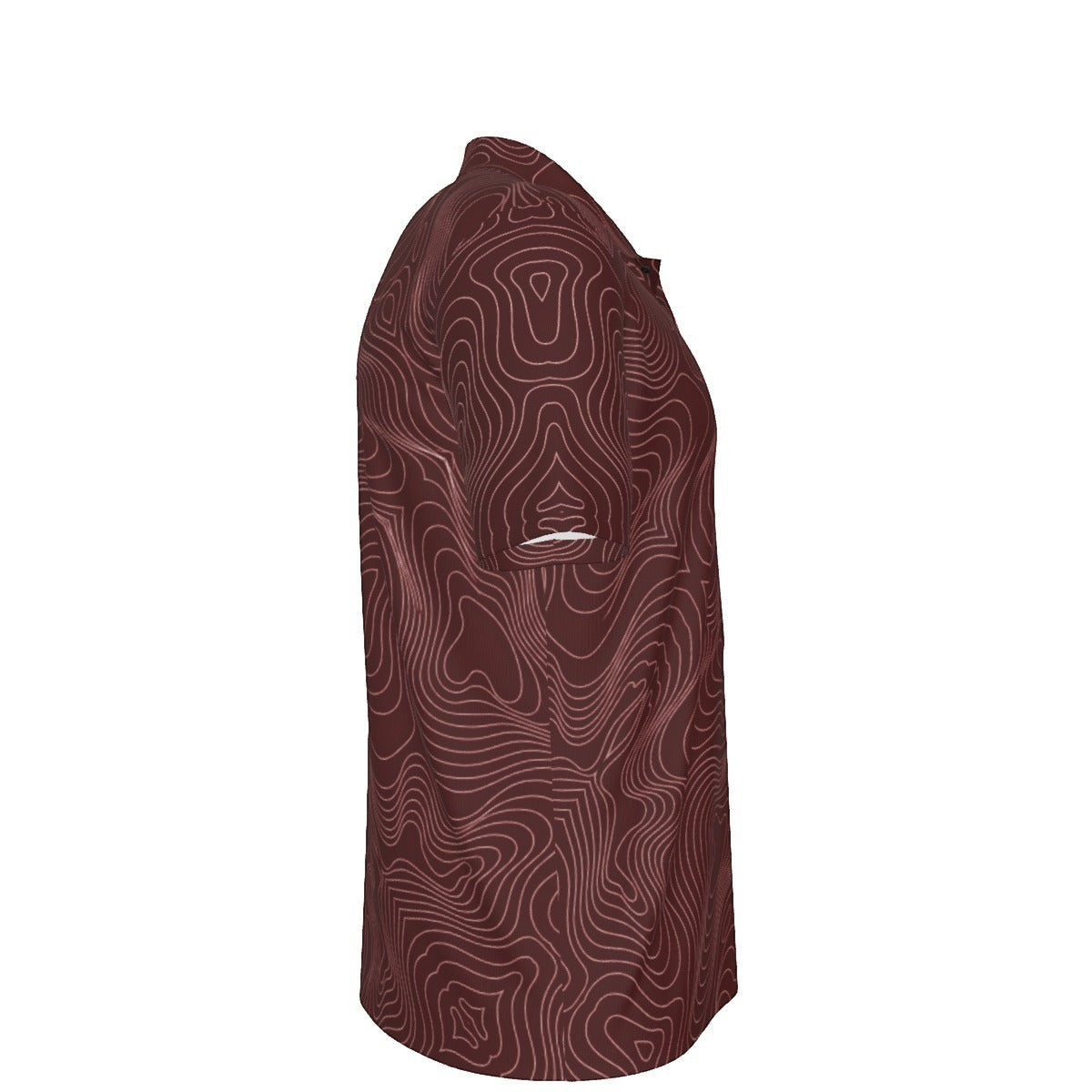 BREAKPOINT Sportswear maroon and white performance golf polo with topographic pattern, side view