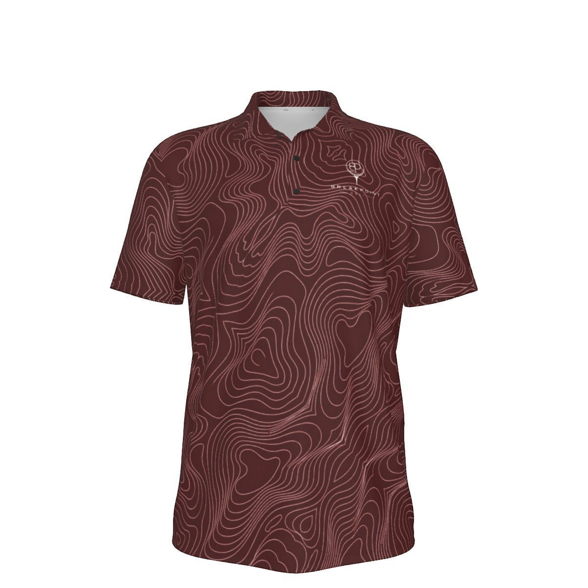 BREAKPOINT Sportswear maroon performance golf polo with white topographic line pattern and three-button collar