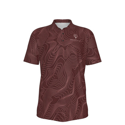 BREAKPOINT Sportswear maroon performance golf polo with white topographic line pattern and three-button collar
