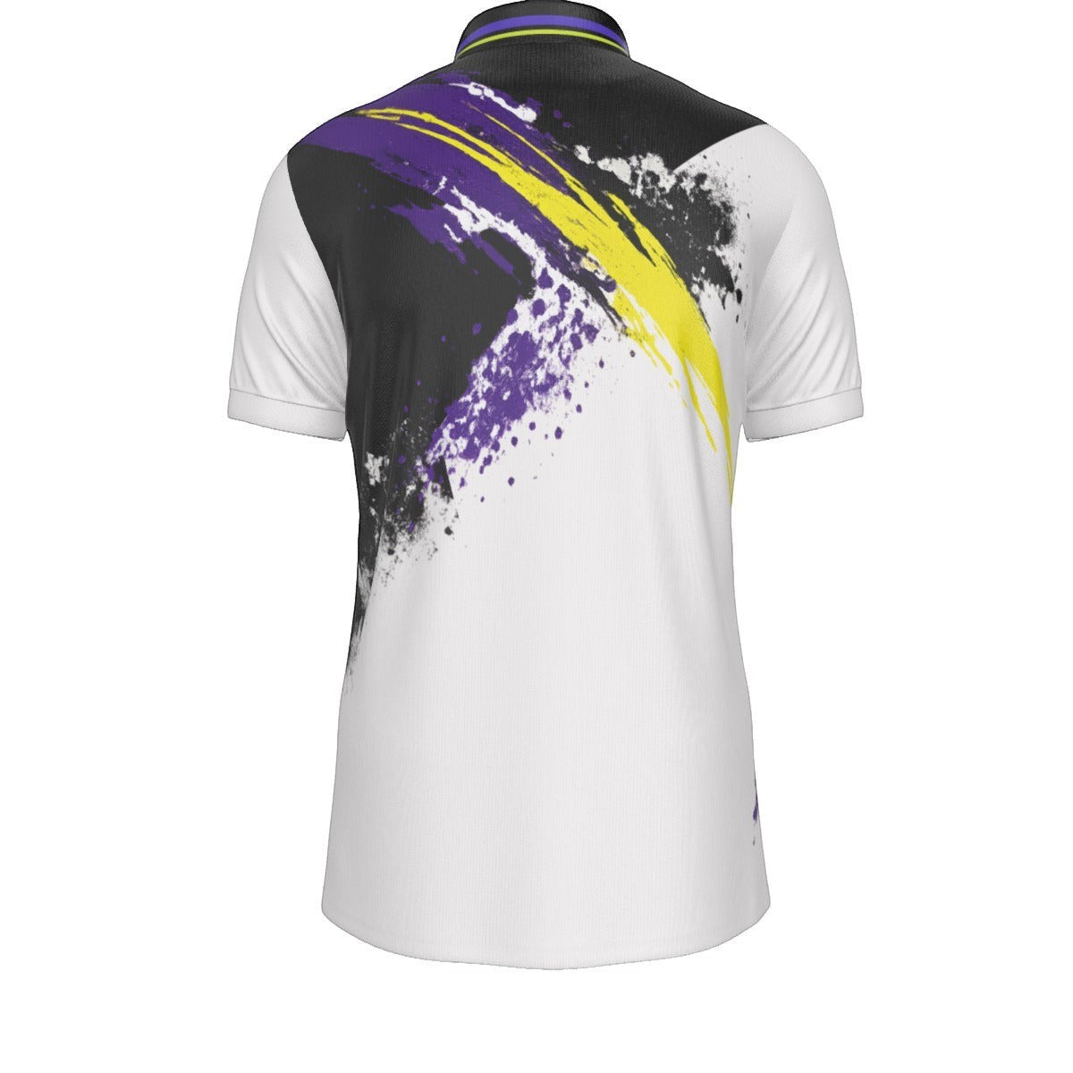 BREAKPOINT Sportswear men's athletic polo shirt with white, black, purple, and yellow abstract paint splatter design.