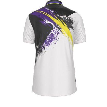 BREAKPOINT Sportswear men's athletic polo shirt with white, black, purple, and yellow abstract paint splatter design.