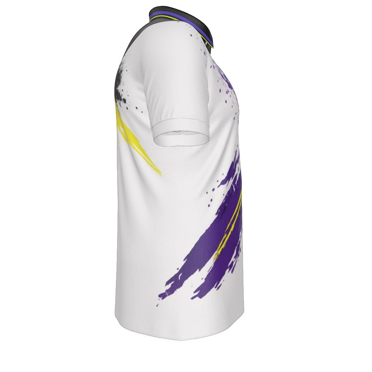 BREAKPOINT Sportswear men's athletic polo shirt in white with purple and yellow abstract paint splatter design