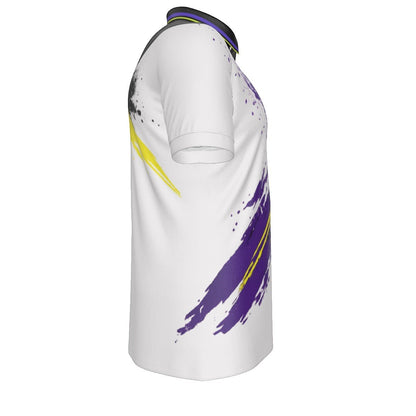 BREAKPOINT Sportswear men's athletic polo shirt in white with purple and yellow abstract paint splatter design