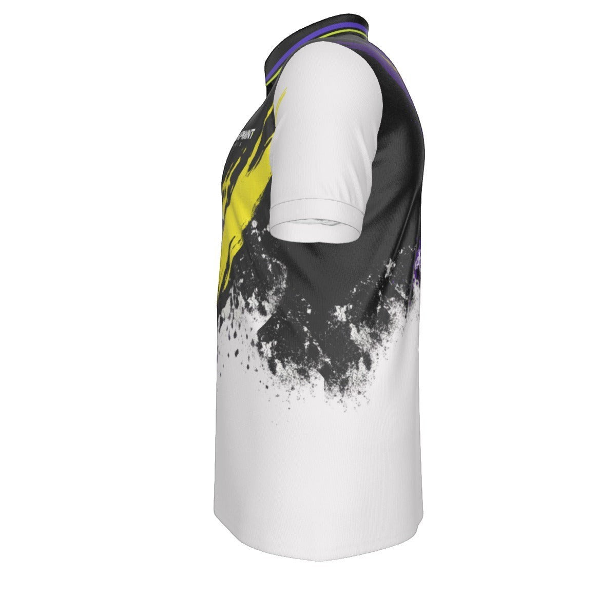 BREAKPOINT Sportswear men's athletic polo shirt with a black, white, and yellow abstract paint splatter print