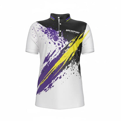 BREAKPOINT Sportswear men's athletic polo shirt with white, purple, and yellow paint splatter design and collar