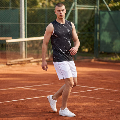 Male athlete wearing a BREAKPOINT Sportswear black all-over print tank top and white shorts on a clay tennis court.