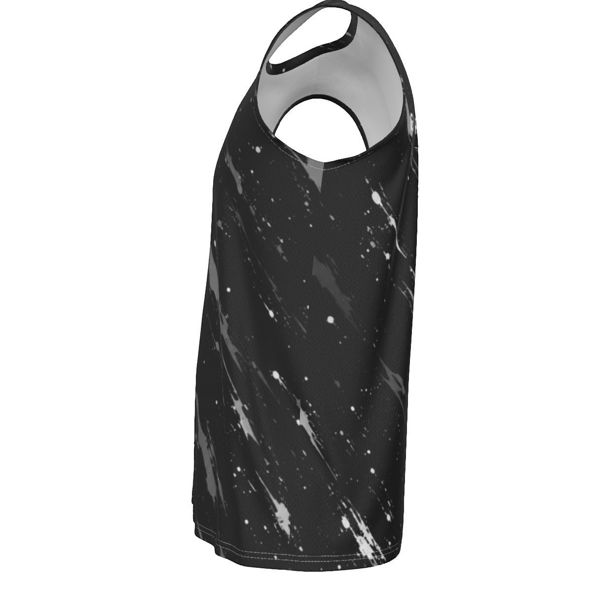 BREAKPOINT Sportswear men's sleeveless tank top in black with a white and grey abstract paint splatter print.