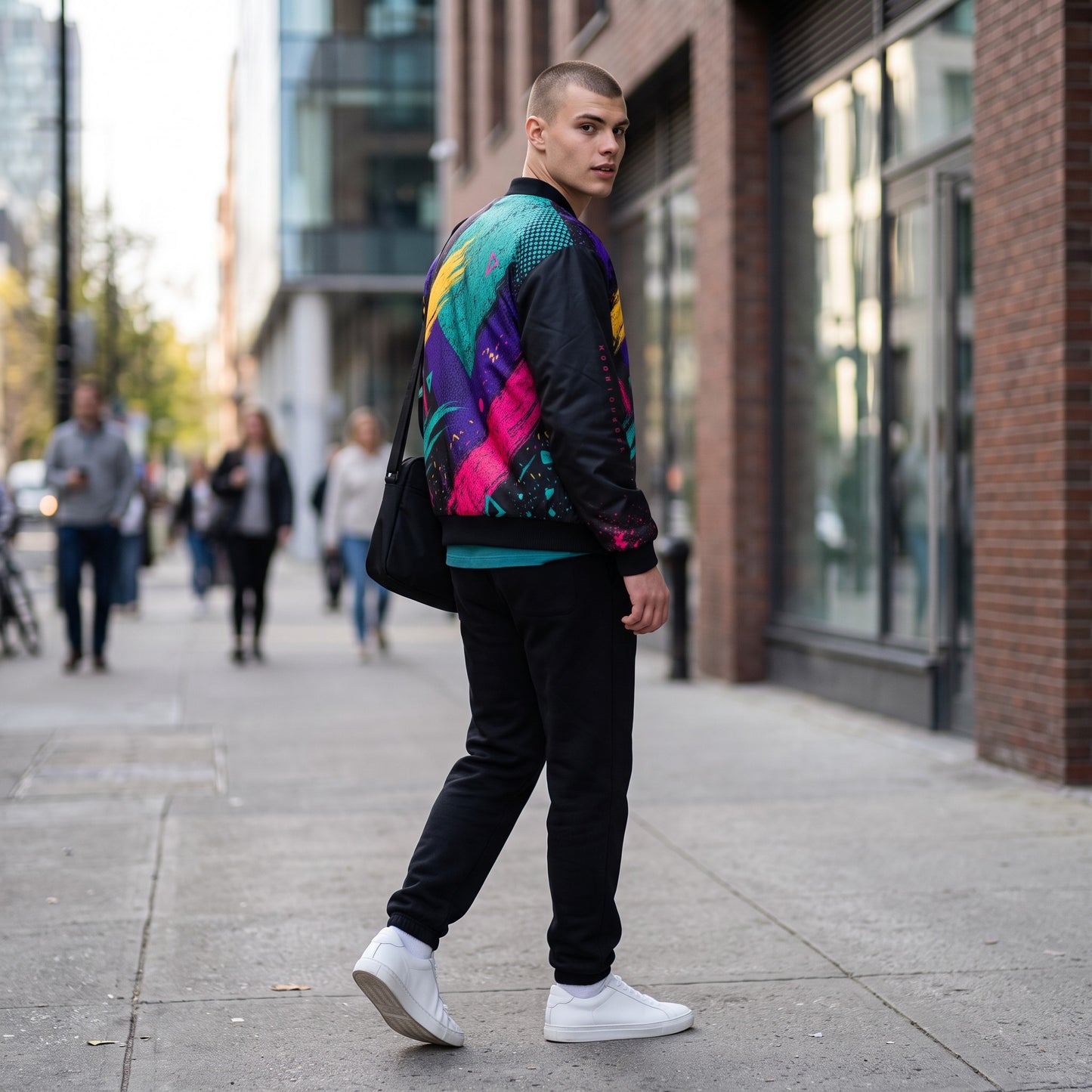BREAKPOINT Sportswear men's windbreaker jacket with vibrant all-over abstract print, black sleeves, and utility pocket.