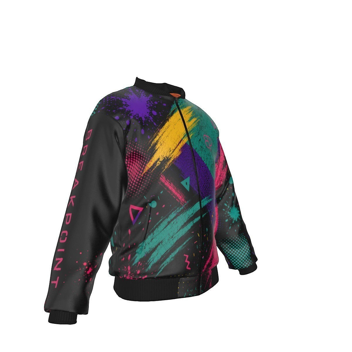 BREAKPOINT Sportswear men's windproof jacket with a black base and vibrant 90s-style abstract paint splatter print.