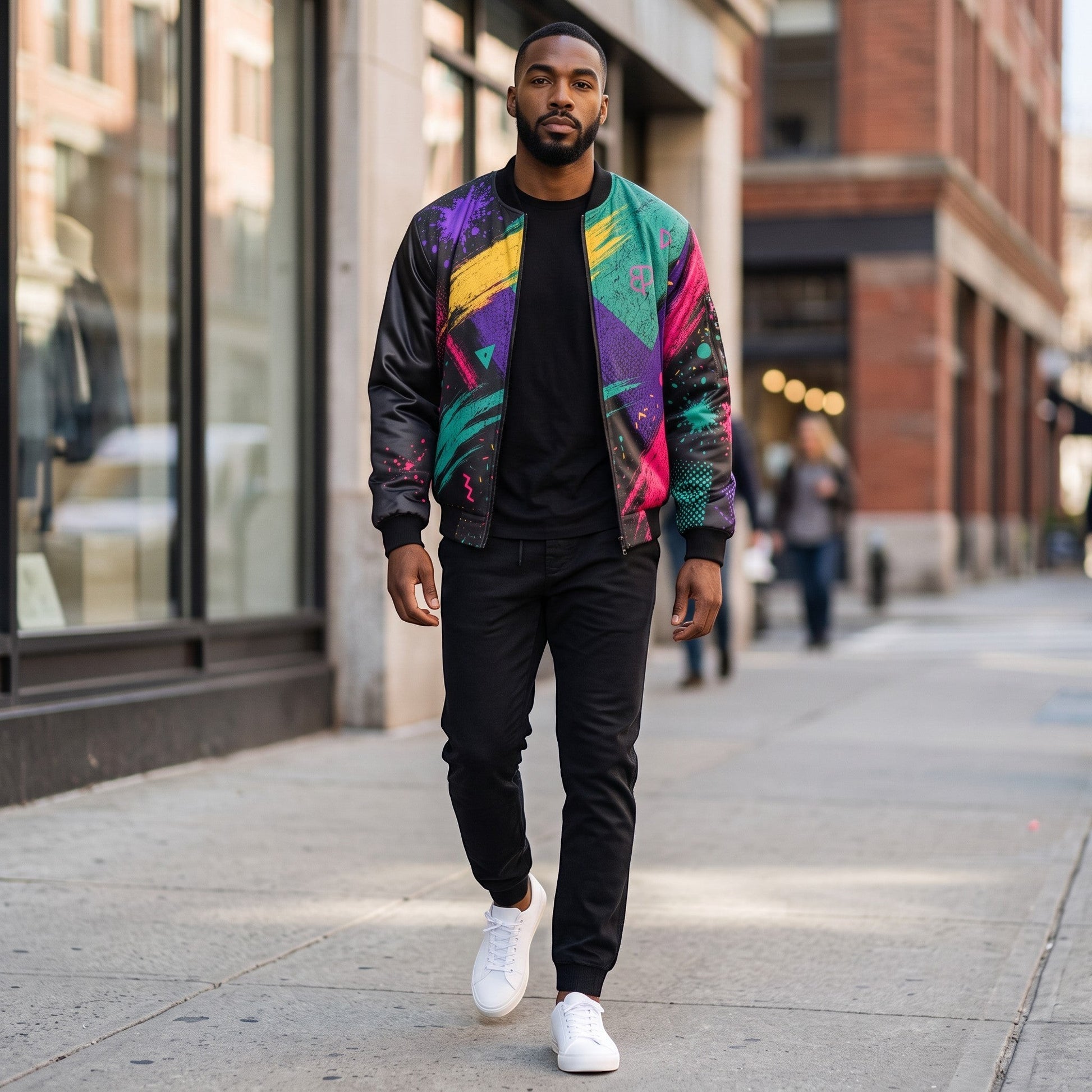 BREAKPOINT Sportswear men's windproof jacket with vibrant all-over print, black sleeves, and utility sleeve pocket.