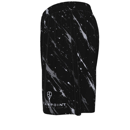BREAKPOINT Sportswear men's black and grey mesh training shorts with an all-over paint splatter print and logo.