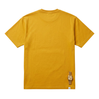 BREAKPOINT Sportswear mustard yellow unisex drop-shoulder t-shirt with a gold watch accessory on the back view.