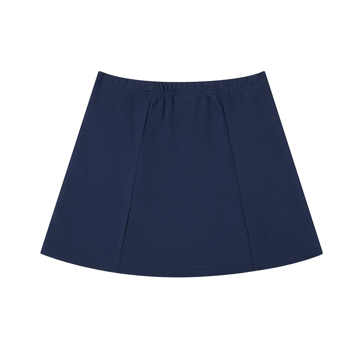 A smiling blonde model wearing a navy blue BREAKPOINT Sportswear cotton-blend mini skirt with a white side stripe and slit.